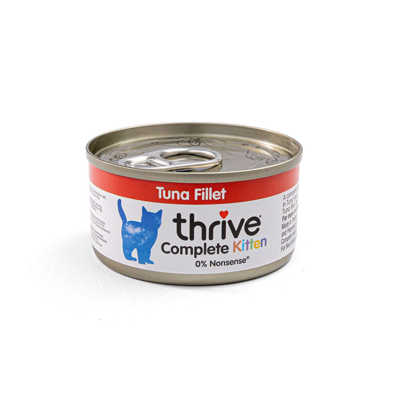 Canned Thrive Kitten Tuna wet food in a pet food can, showing the label with kitten-themed design and product information.