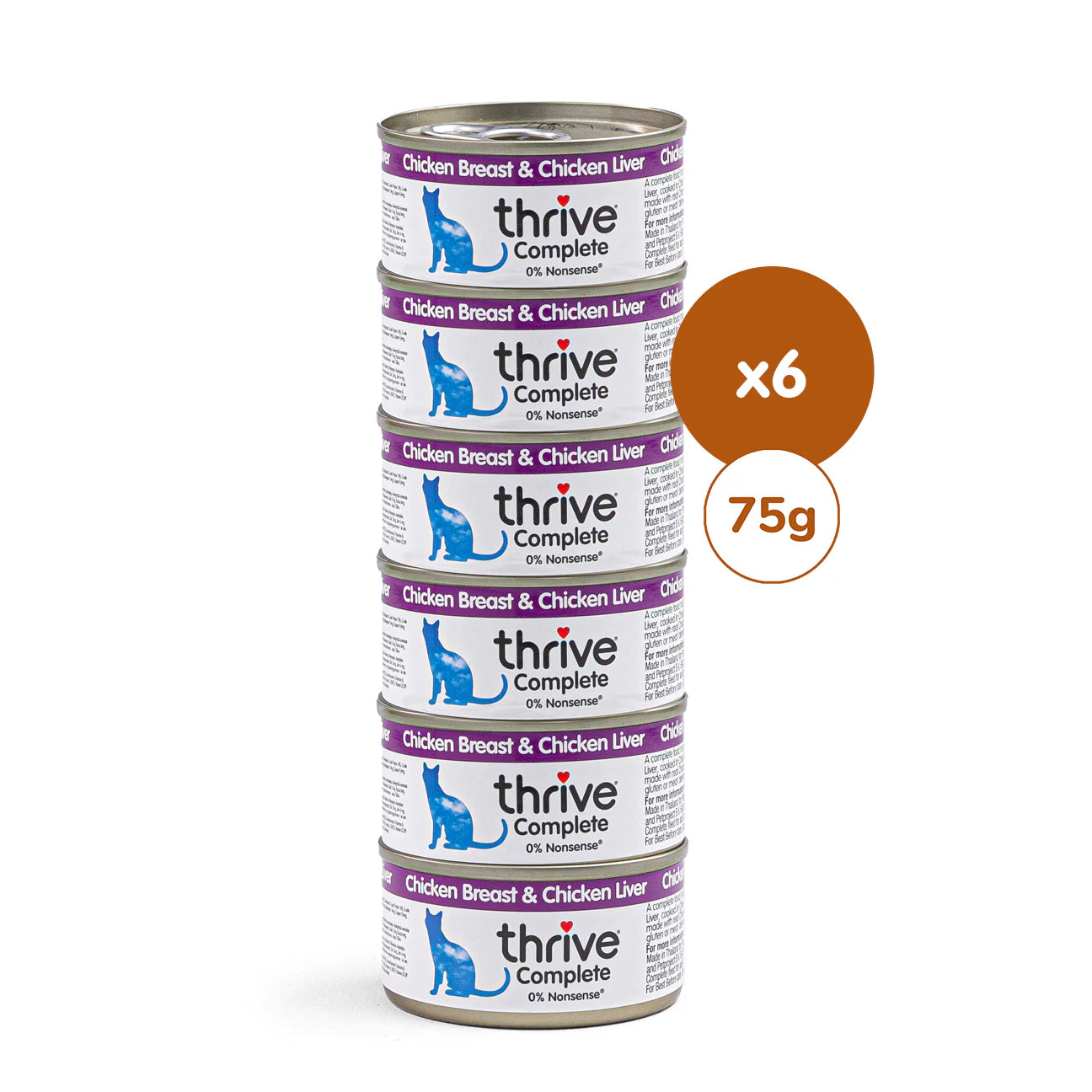 Canned Thrive chicken breast and chicken liver wet cat food in six cans, showing the product labels and packaging.