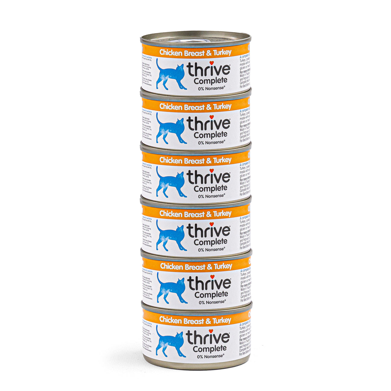 Thrive Kitty chicken breast and turkey wet cat food in a can, featuring moist, shredded poultry for feline nutrition.