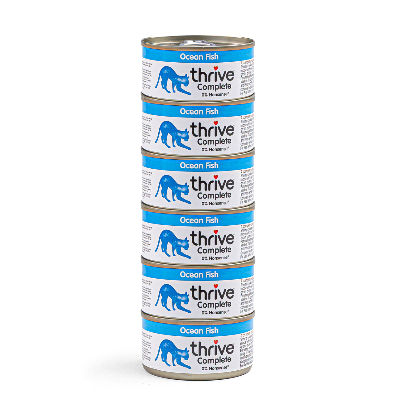 Canned Thrive Kitty Ocean Fish wet cat food in a bowl, showcasing the seafood flavor and brand logo on the packaging.