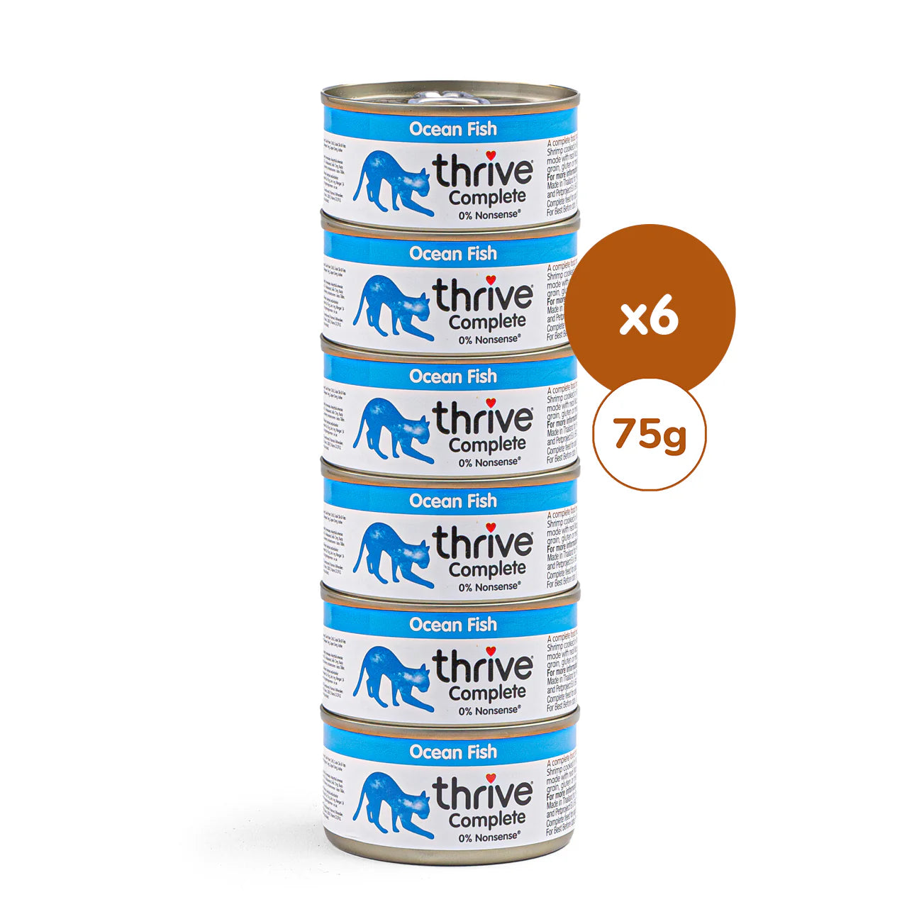 Canned Thrive Kitty Ocean Fish wet cat food with six individual cans, showcasing the product packaging and branding.