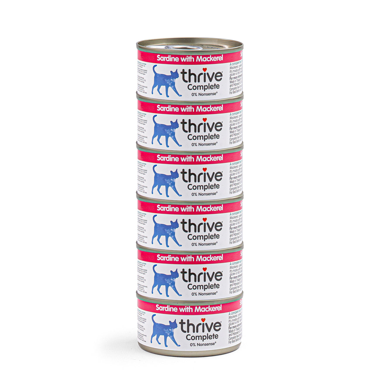 Canned Thrive Kitty wet cat food with sardines and mackerel, showing the fish in the can with a flaky texture and natural presentation.