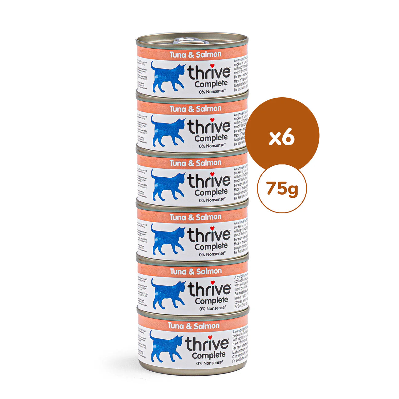 Canned Thrive Kitty Tuna and Salmon wet cat food in a six-pack, showing colorful cans with images of tuna and salmon fish
