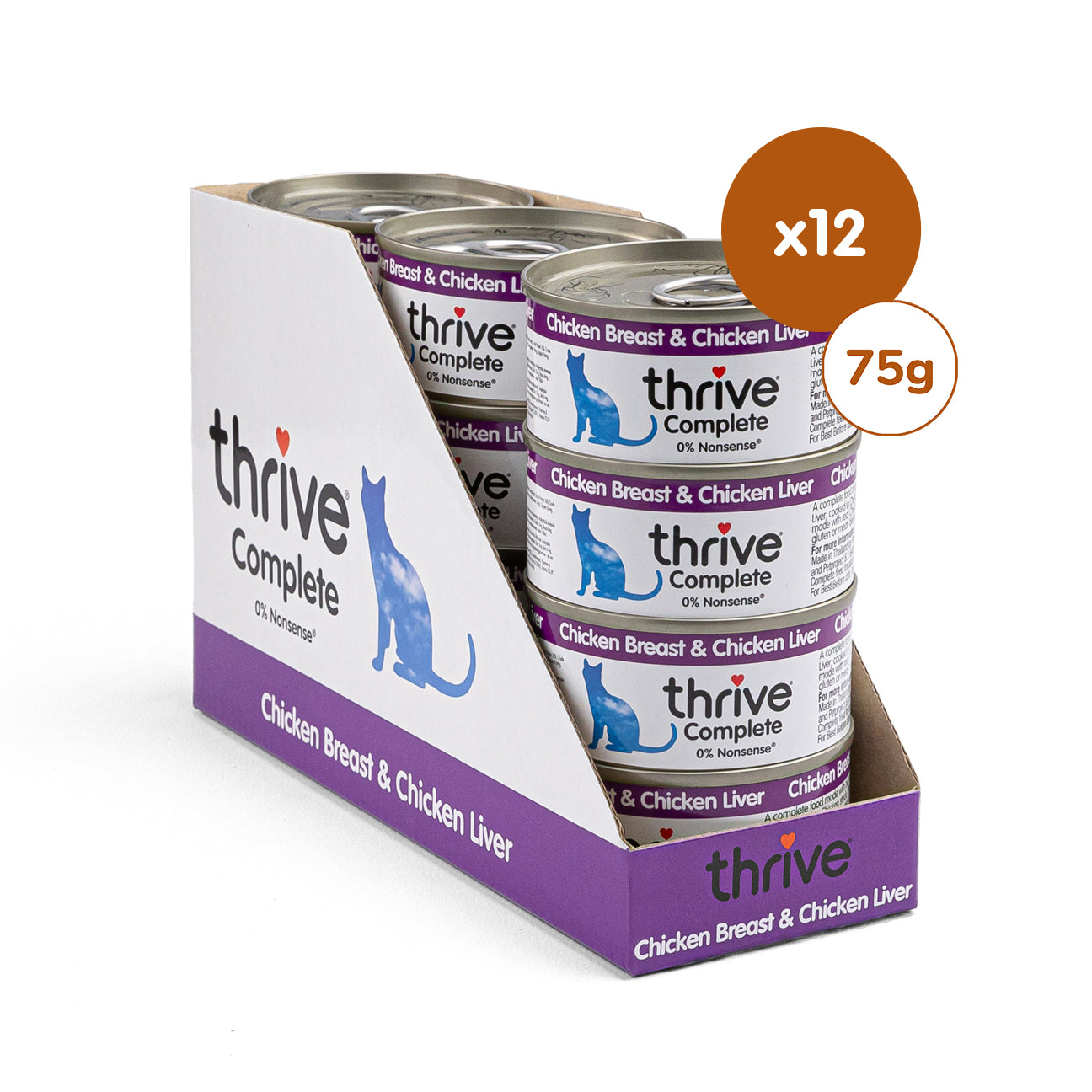 Canned Thrive chicken breast and chicken liver wet cat food in a pack of 12 cans, showing the product labels and packaging.