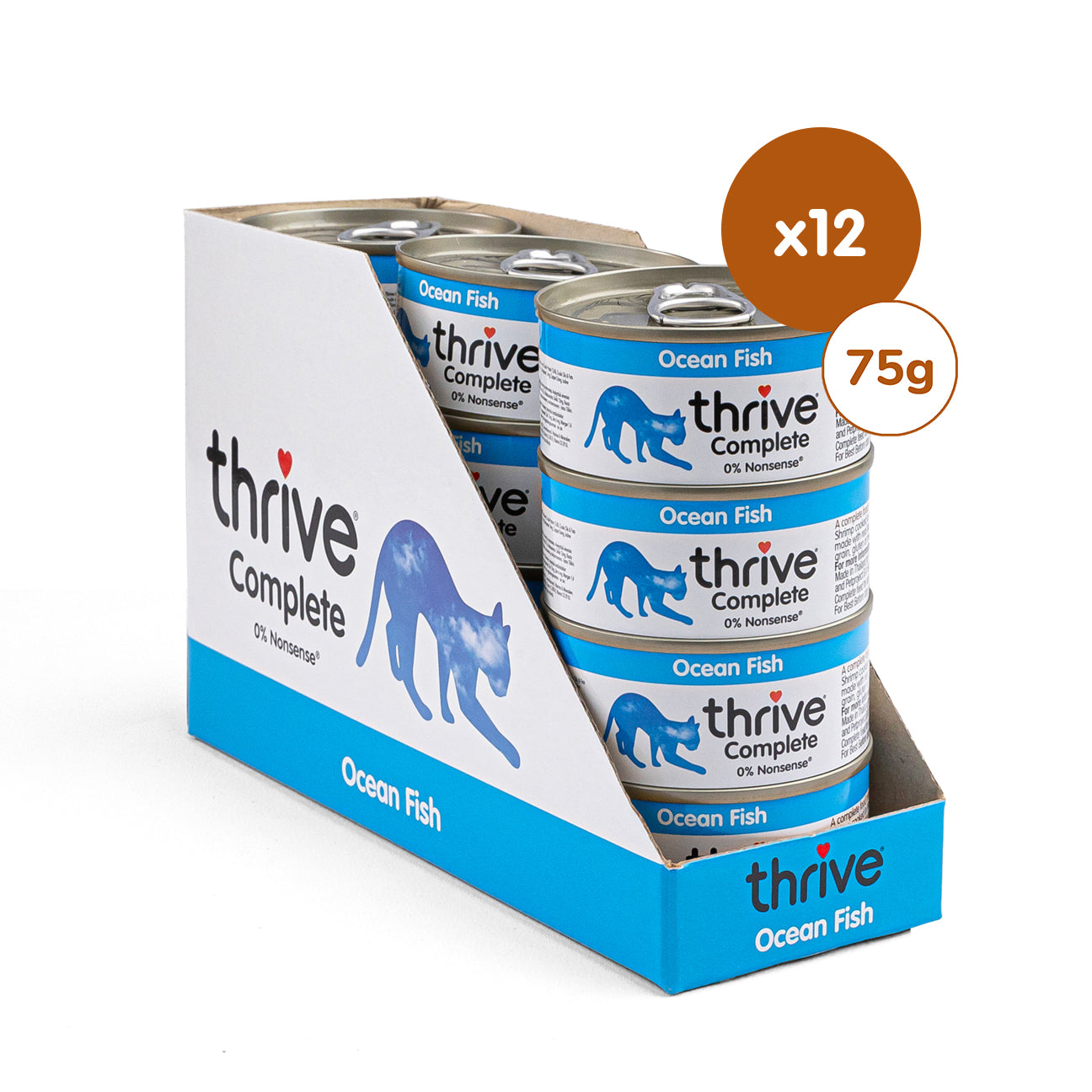 Canned Ocean Fish wet cat food by Thrive Kitty, featuring a fish flavor for cats in a 12-pack.