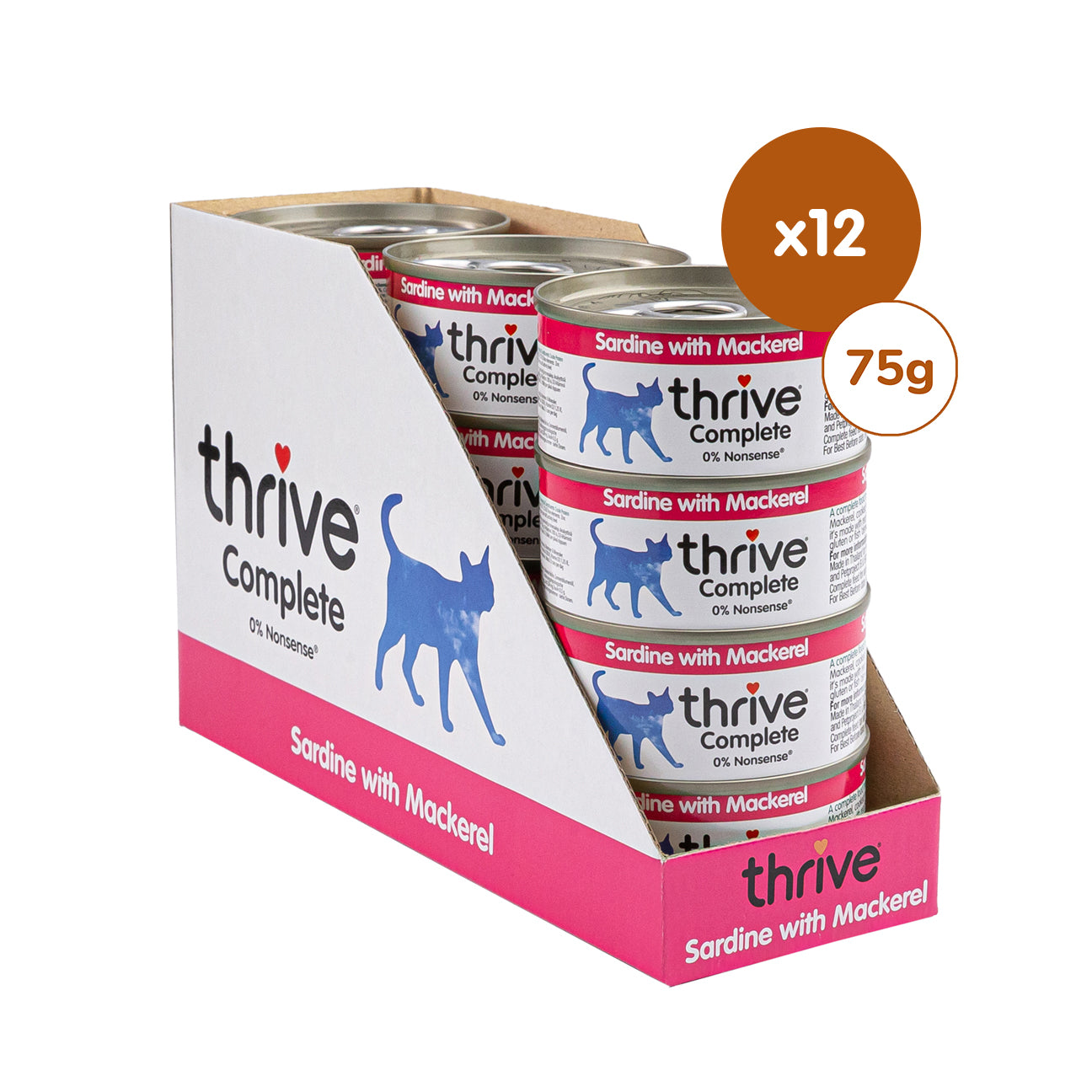 Canned cat food with sardines and mackerel from Thrive Kitty, showing the tin of wet fish cat food with fish pieces inside.