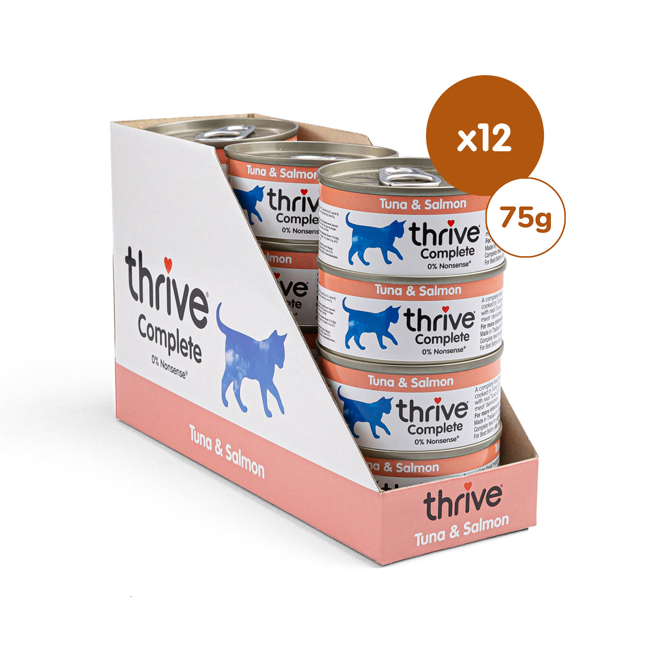 Canned Thrive Kitty Tuna & Salmon wet cat food with 12 cans, featuring tuna and salmon chunks in savory sauce.