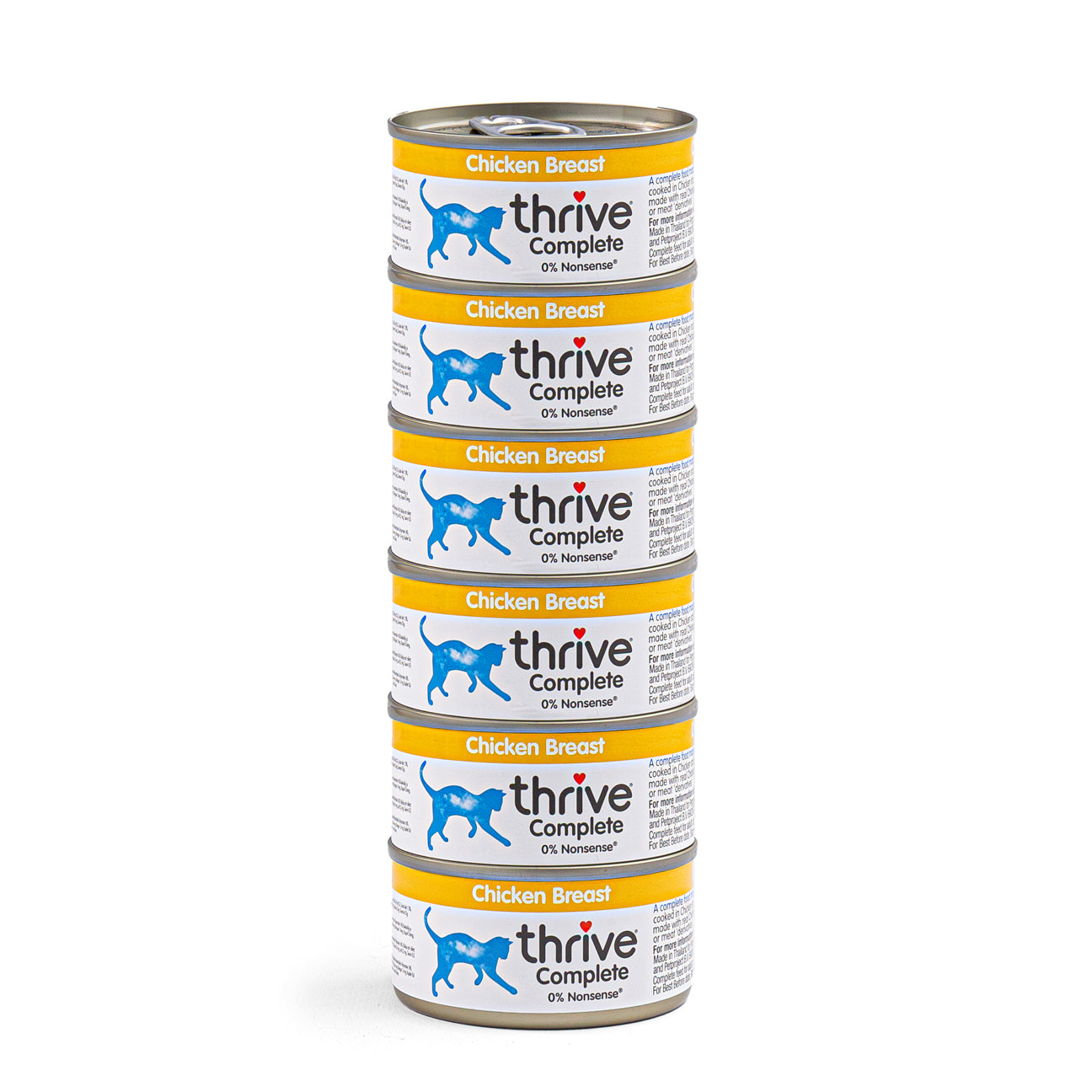 Canned Thrive chicken breast cat food with shredded chicken pieces in a wet food formula, served in a bowl.