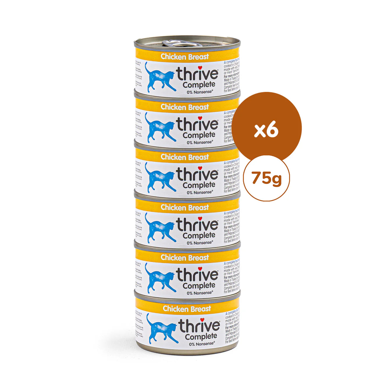 Thrive chicken breast cat wet food in a 6-pack, showing tender, cooked chicken breast pieces in a clear bowl.