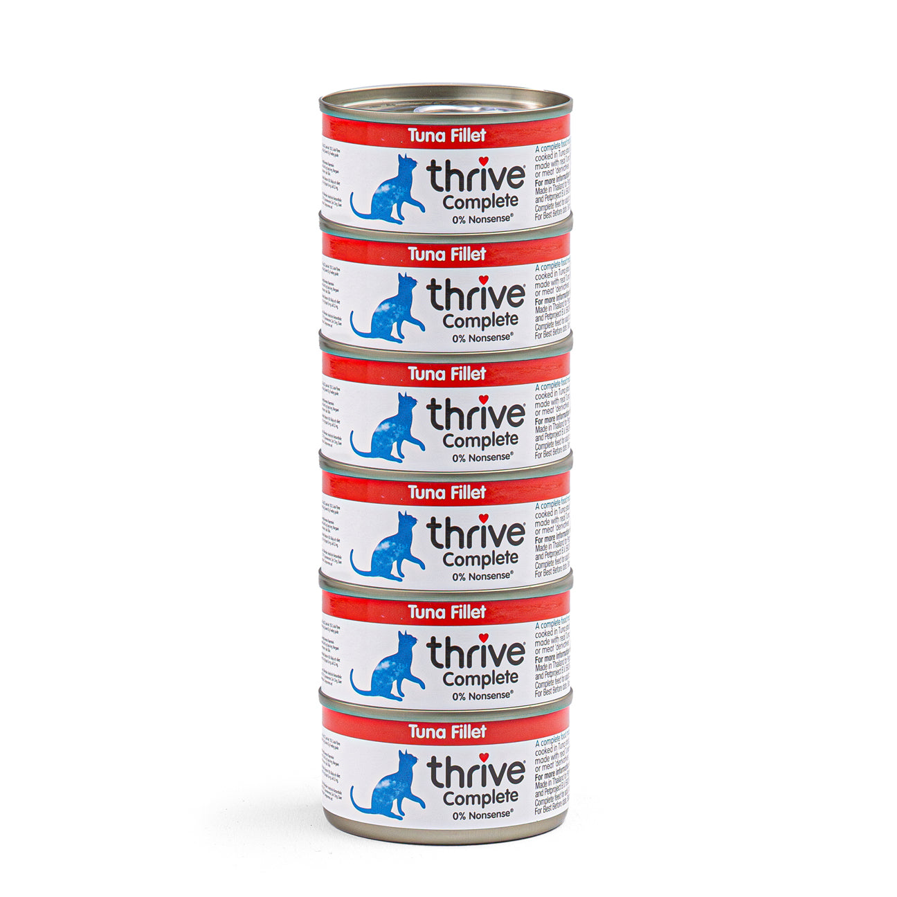 Thrive Kitty tuna fillet wet cat food in a can, showing a close-up of the shiny, flaky tuna fillet ready for serving.