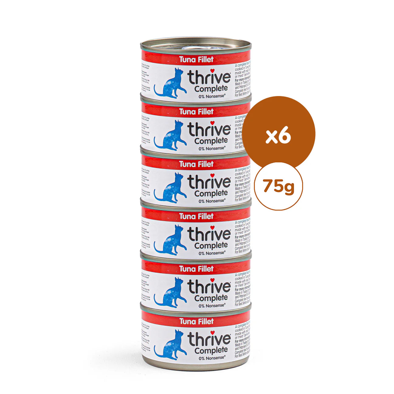 Thrive Kitty tuna fillet wet cat food in a six-pack, showing shiny, flaky tuna fillets in natural juices for cats.