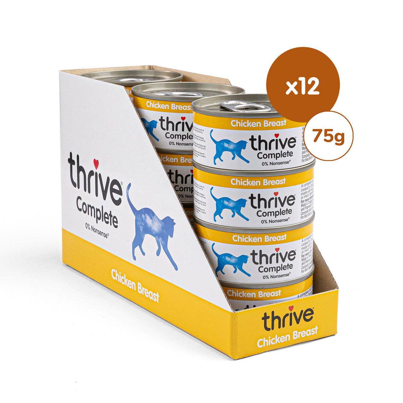 Canned Thrive Chicken Breast cat wet food in a pack of 12, featuring tender chicken breast for cats in the image.