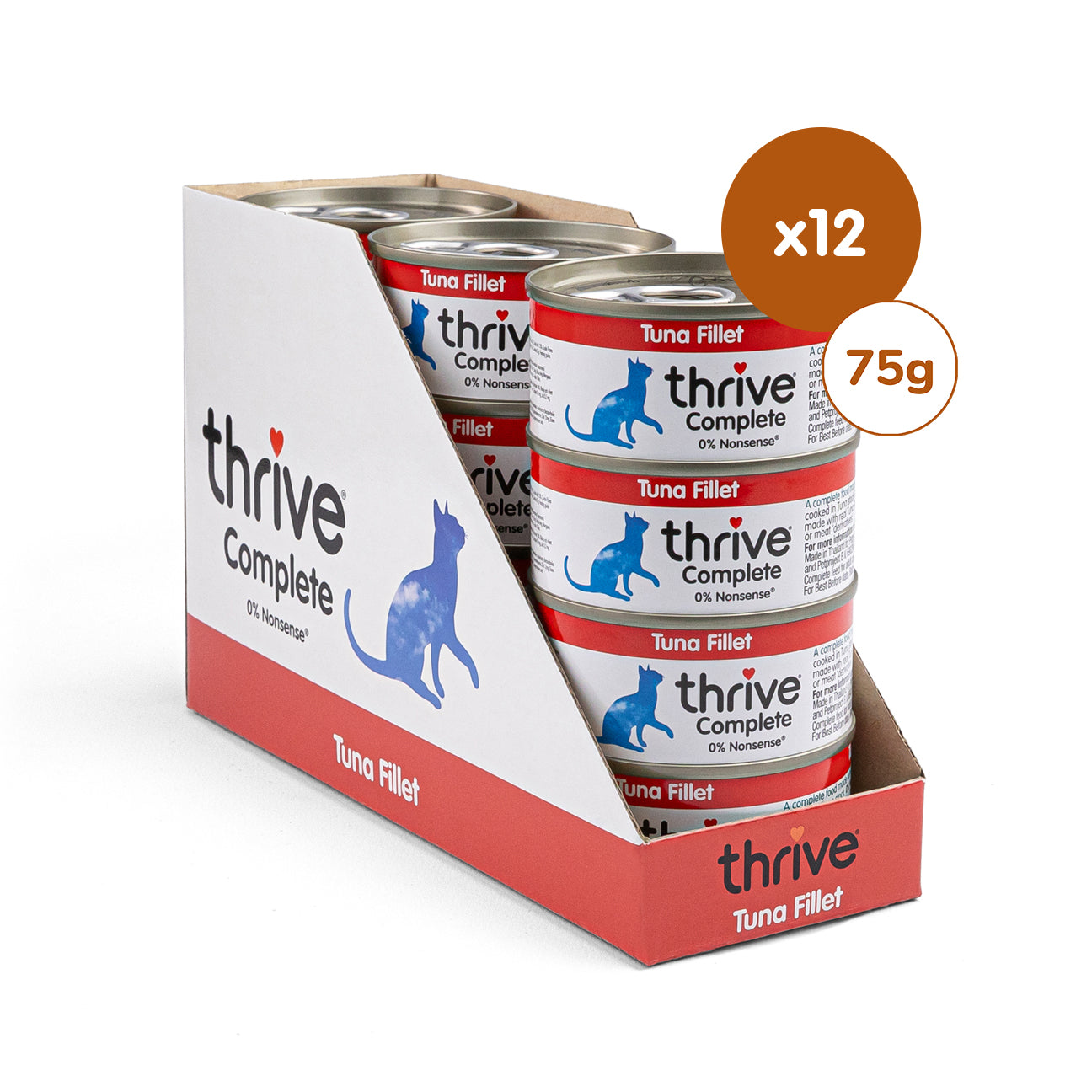 Canned Thrive Kitty tuna fillet cat food in a 12-pack, showing shiny tuna fillets in natural juices in the image.
