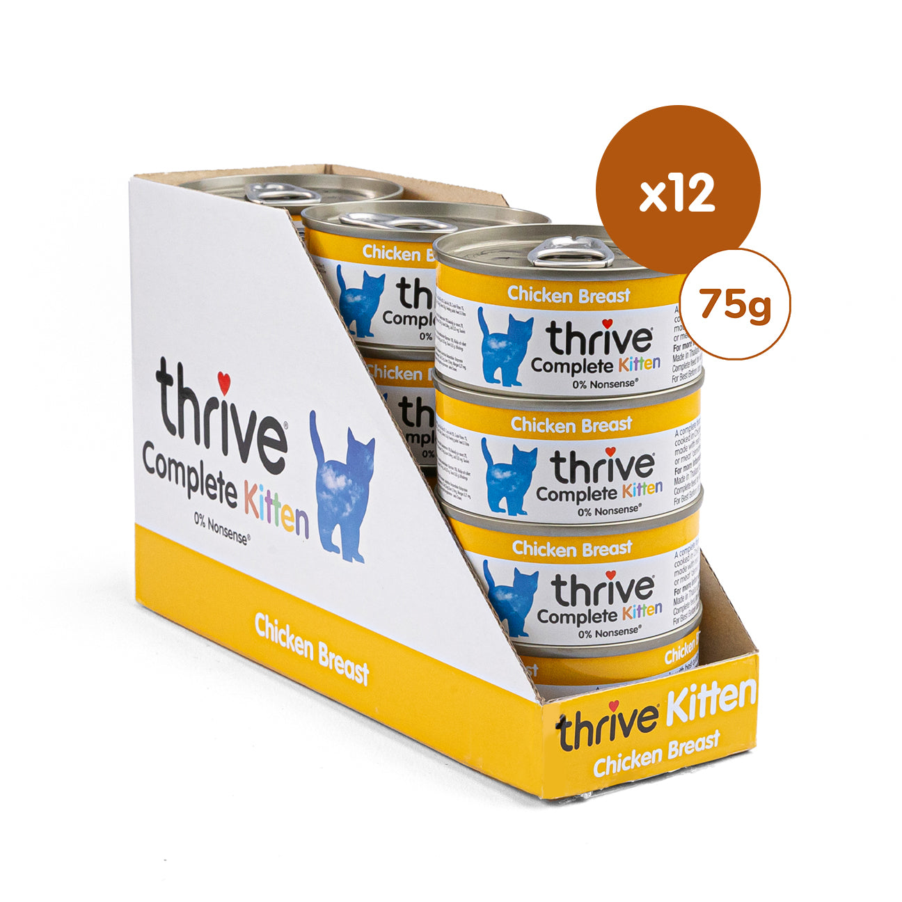Thrive Kitty Kitten Chicken wet food pack showing 12 cans, featuring creamy chicken recipe for growing kittens.