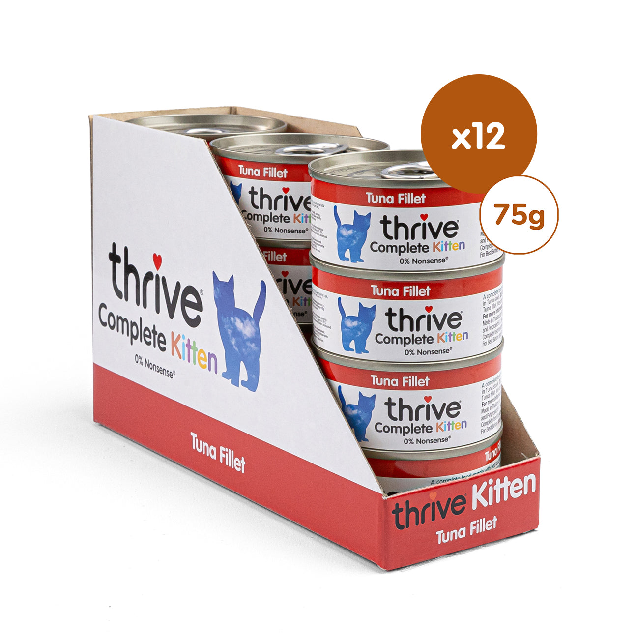 Cans of Thrive Kitten Tuna wet cat food, 12-pack, featuring soft fish-flavored cat food designed for kittens