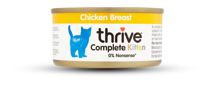 Thrive Kitty Kitten Chicken natural cat food in a bag, featuring a playful kitten with chicken flavor ingredients visible.
