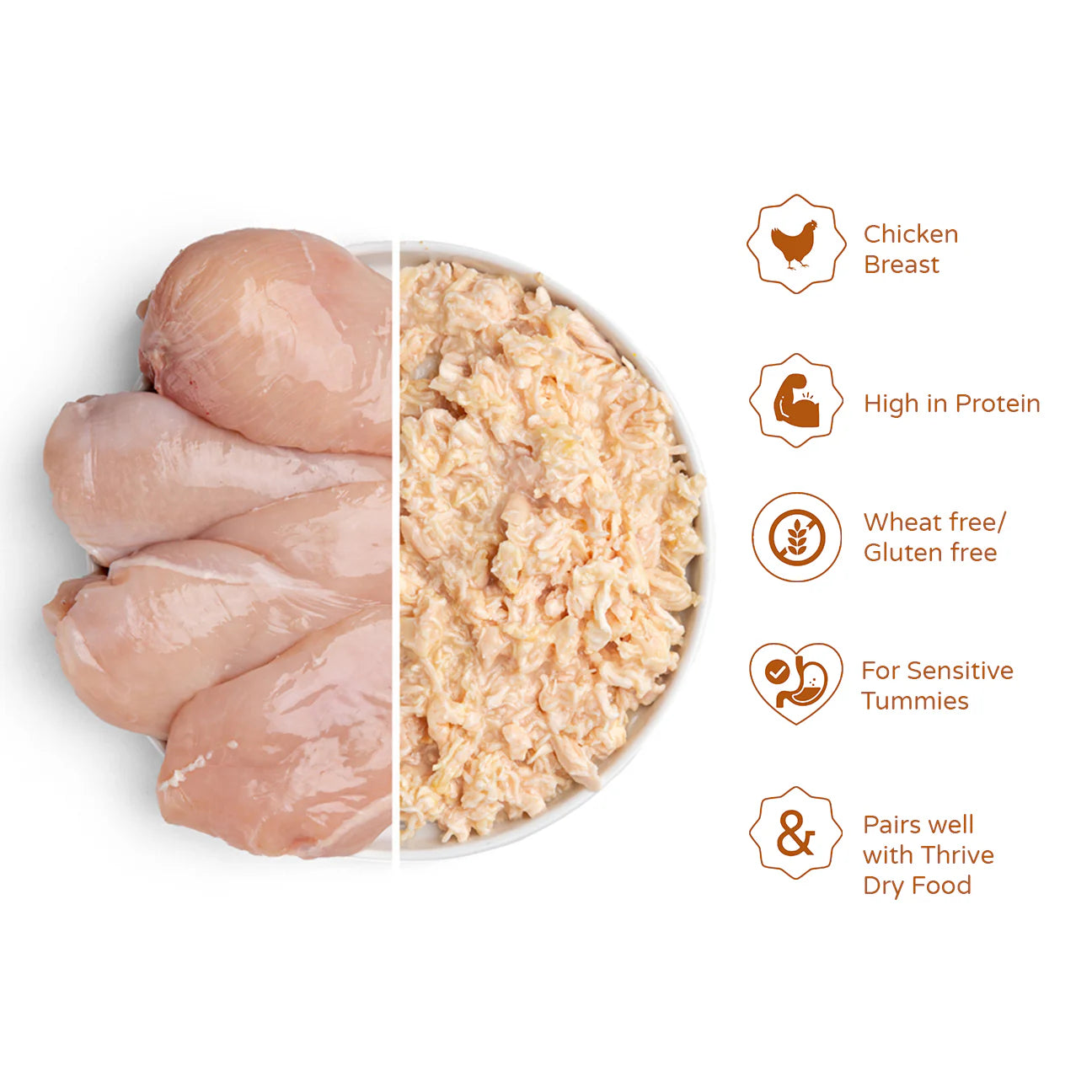 Fresh Thrive chicken breast fillet on a white surface, showcasing its raw, tender texture and quality meat for healthy cooking.