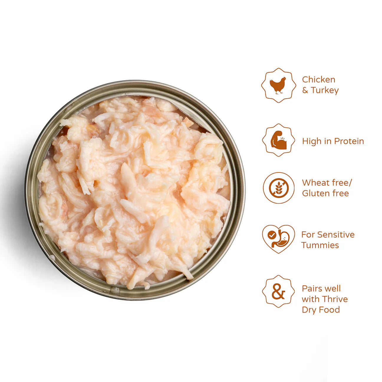 Thrive Kitty chicken and turkey cat food in a bowl, featuring fresh chicken and turkey pieces for pet nutrition.