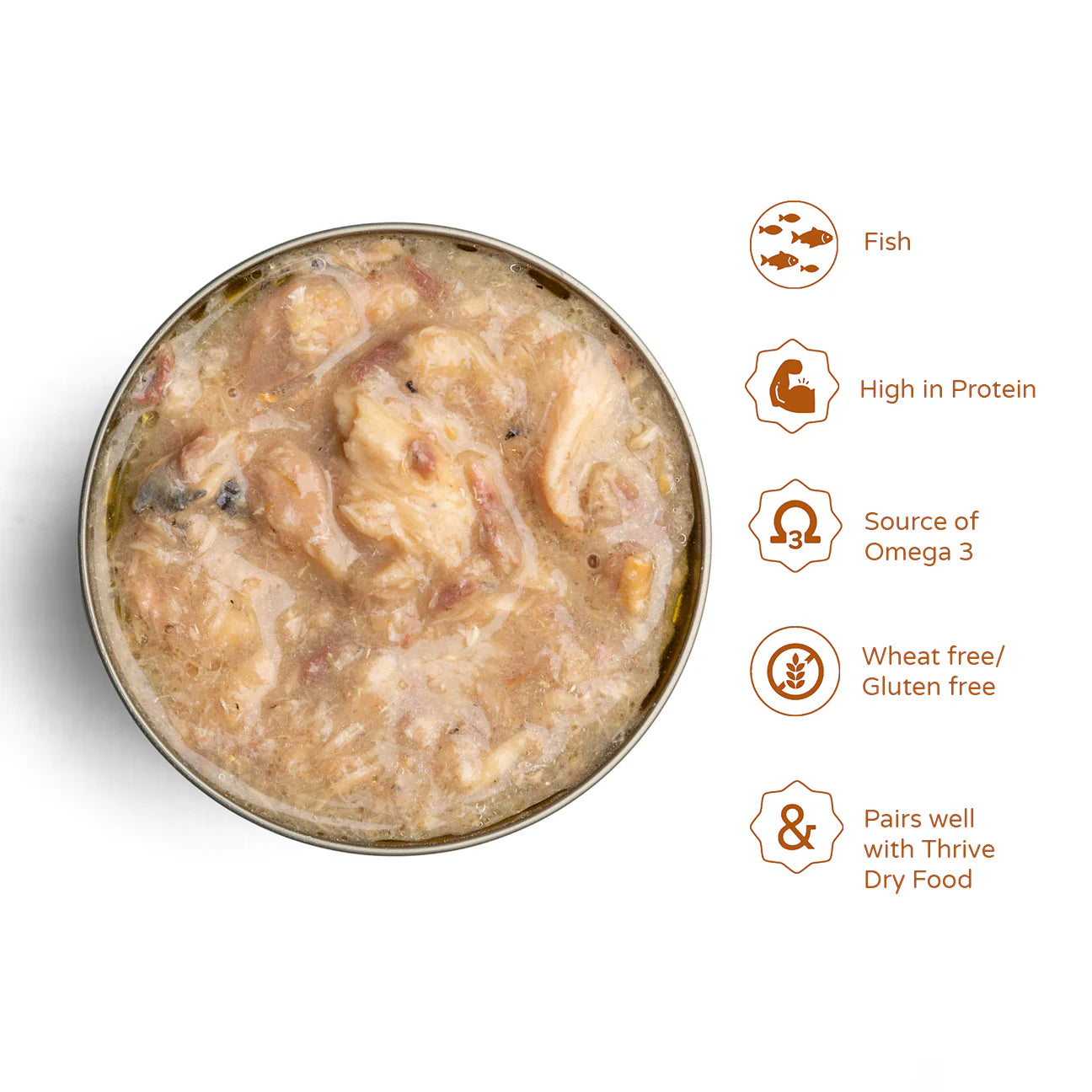 Canned sardines with mackerel in a can from Thrive Kitty, showing the fish fillets and seafood ingredients.